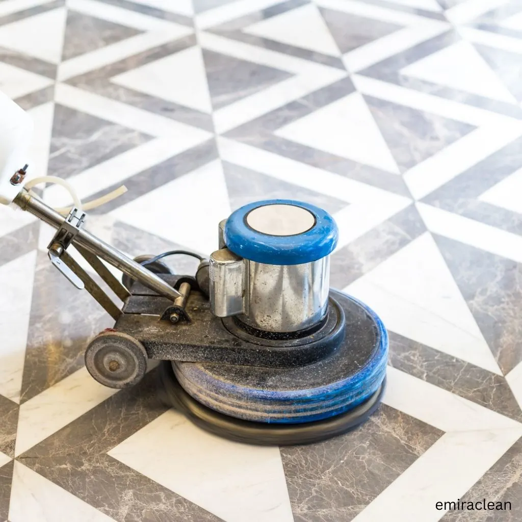 Before and after marble polishing showing restored floor shine