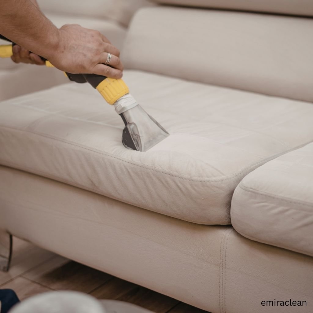 Before and after sofa deep cleaning showing restored fabric and cleanliness